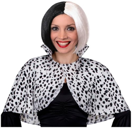 Ladies Dalmatian Print Collared Cape + Black/white Bob Wig - Evil Dog Lady School Book Week + World Book Day Fancy Dress Costume Accessory (Standard Size)
