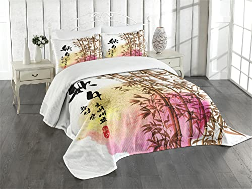 ABAKUHAUS Bambus Tagesdecke Set, Japanischer Bambus Asiatische, Set mit Kissenbezug Ohne verblassen, für Einzelbetten 170 x 220 cm, Rosa Gelb