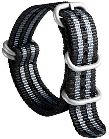 BINLUN Uhrenarmband Nylon Dickes G10 Premium Ballistic Ersatz Armband Mehrfarbige Bänder für Herren Damen mit Heavy Duty 5 Ringe(20mm, Schwarz-Graue Band Silber Schnalle)