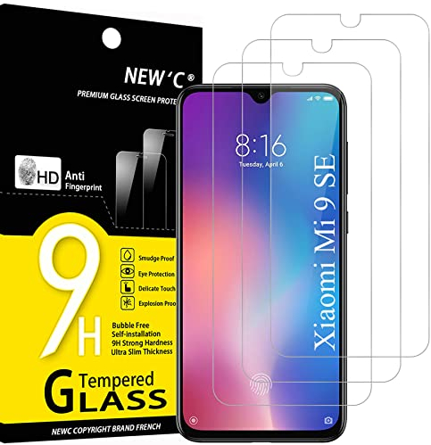 NEW'C 3 Piezas, Protector Pantalla para Xiaomi Mi 9 SE, Mi Play, Cristal Templado Antiarañazos, Antihuellas, Sin Burbujas, Dureza 9H, 0.33 mm Ultra Transparente, Ultra Resistente