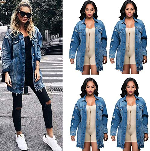 iSpchen Giacca di Jeans Giacca a Vento di Jeans Strappata Giacca Lunga da Donna Giacca Casual Allentata