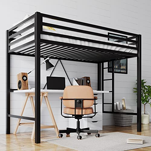 SHA CERLIN Hochbett, Doppelbett, mit Leiter und Geländer, robuste Metalllatten, kein Boxspringbett erforderlich, kleine, platzsparende Möbel für Schlafzimmer, Schlafsaal, Schwarz