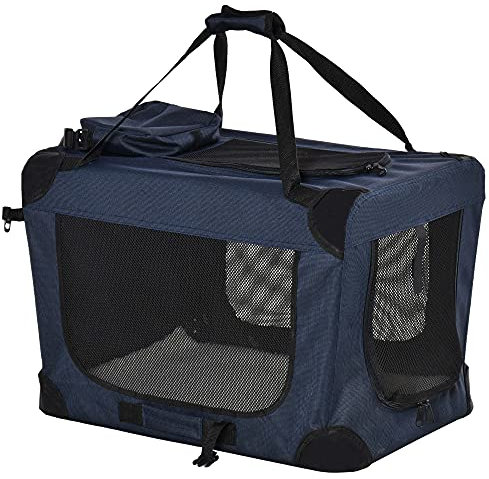 PawHut Transportín para Perros Plegable 60x41x41 cm Transportín para Mascotas con Ventanas Cojín Suave y 2 Correas del Hombro Bolsa de Transporte para Mini Perros Gatos Azul Oscuro