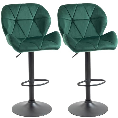 HOMCOM Set 2 Sgabelli da Bar con Altezza Regolabile, Verde | Base in Metallo, Seduta in Finta Pelle, Sgabelli Cucina con Schienale e Poggiapiedi, 51.5x57.5x93-114.5 cm
