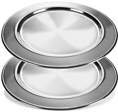 com-four® 2x Servierplatte - Dekoteller aus Edelstahl Ø 33 cm - rundes Tablett zum Servieren und Dekorieren - elegant verziertes Serviergeschirr (33cm - Teller Edelstahl - 2 Stück)