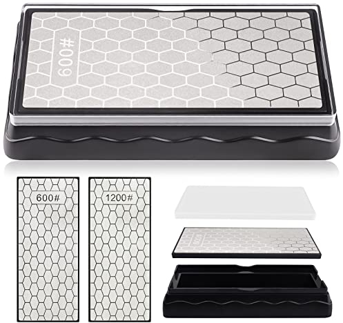 Double-Sided Diamond Sharpening Stone, Kalolary Knife Sharpener Stone Whetstone Honeycomb Surface Plate with Non-slip Base for Scissors Knives Outdoor Kitchen Sharpen Tools (600/1200 Grit, 150 x 63mm)
