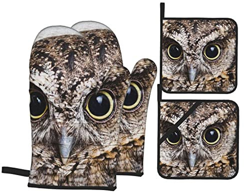 Ofenhandschuhe und Topflappen-Sets mit Eulen-Motiv, geeignet zum Aufdecken des Deckels in der Küche, in der Mikrowelle, im Backofen und beim Grillen im Freien usw.