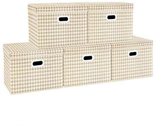 TYEERS Collapsible Large Storage Box with Lid, Patterns, Fabric Storage Box for Clothes Storage, Wardrobe Storage, 44x30x29 cm, Set of 5, Beige