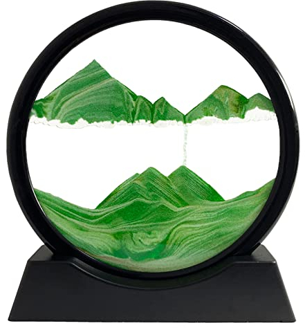 Dynamisch 3D Sandbilder zum Drehen, Fließende Sandmalerei runder Glas Rahmen, Bewegtes Sandbild Natürliche Landschaft, Entspannende Dekoration für Büro Heim Desktop-Kunst (Grün, 7)
