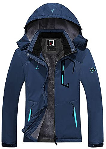 R RUNVEL Damen Mountain Wasserdichte Jacke Winddichte Fleecejacke Outdoor Wintermantel mit Abnehmbarer Kapuze Mehrere Taschen für Camping, navy, 42