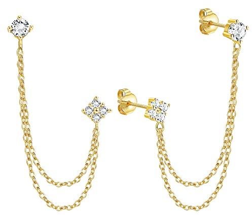 ORAZIO Kette Ohrstecker Double Piercing für Frauen Mädchen, 925 Sterling Silber Quaste Kette Baumeln Tropfen Ohrstecker mit Funkelnden CZ, 18 Karat Vergoldet Minimalist Ohrring für Empfindliche Ohren