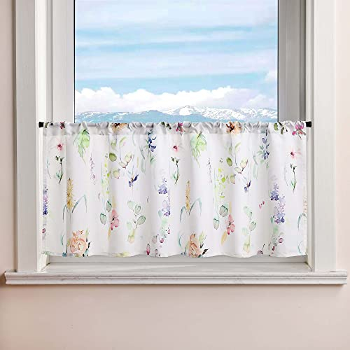 Delien Scheibengardine Bunt Bistrogardinen mit Tunnelzug Landhaus Küchengardine Bedruckte Cafe Kurzstores Weiß Kurze Gardinen mit Blumenmuster Modern 1 St. Breite x Höhe 120x30cm