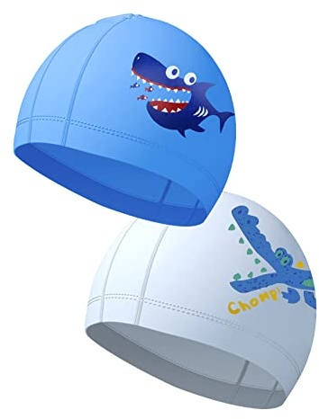 Gorros Natación Niños x 2 - Gorro Piscina Gorro Baño para Niños Niñas de 4 a 10 Años (Azul1+Blanco1)