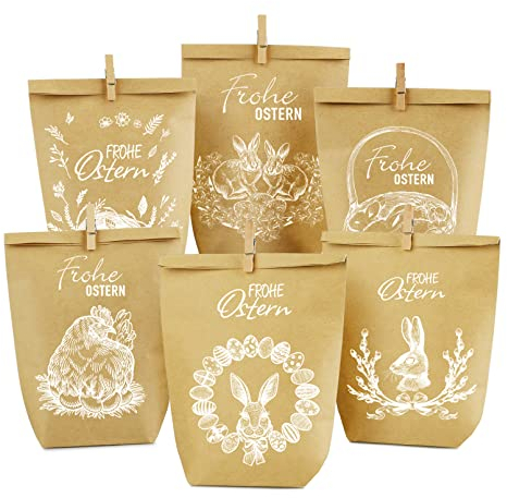 PANSIBY 12 DIY Geschenktüten Ostern, Osterhasen Tüten zum Verzieren und Befüllen, Papiertüten zu Ostern Party zum selber Befüllen, Weiß Bedruckte Ostertüten mit Holzklammern