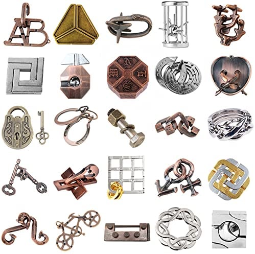 Joyeee Knobelspiele Metall Puzzle Set, Zaubertrick Spielzeug Denkaufgabe IQ Geist Test Lernspielzeug für Party Mitgebsel Erwachsene Teenager und Kinder Herausforderung, Hohe Schwierigkeit, 25Stück - A