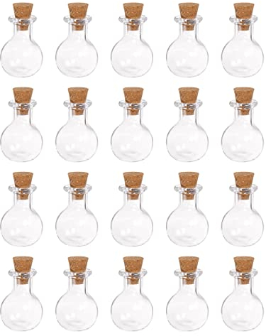 sourcing map 20pcs Mini Glass Bottles with Cork Stoppers Flat Bottom Ball Shaped Tiny Glass Jars Small Glass Vials Transparent Clear Wishing Bottles for DIY Art Crafts Party Decoration