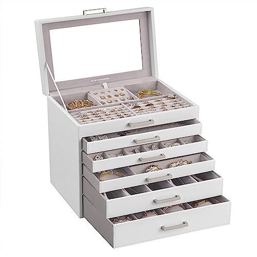 SONGMICS Schmuckkästchen, 6-stöckiger Schmuck-Organizer, großer Schmuckkoffer mit großem Spiegel, 5 Schubladen, großes Fassungsvermögen, Schmuckaufbewahrung, moderner Stil, Geschenk für geliebte