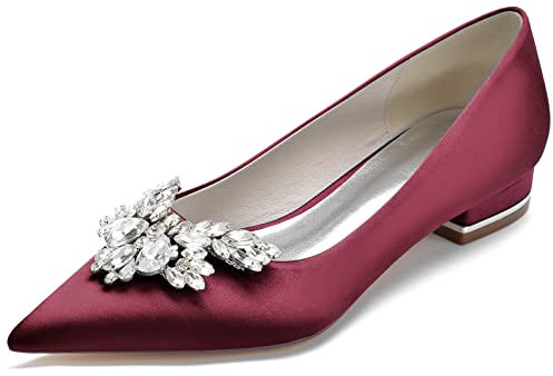 Women's Low-Heeled Flats Shoes Satin Pointed Slip On Ballet Dress Flats Shoes Rhinestone Bridal Wedding Court Shoes Evening Prom Party Dress Shoes Pumps,Wine red,3 UK