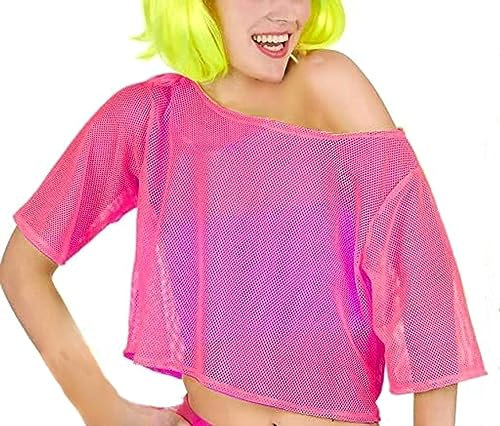 SamHeng T-shirt en Maille Filet pour Femme Costume des années 80 Femme Mesh Crop Top T-Shirt pour Annees 80 Costume Vetement Fête Rétro Disco Costume Carnaval Fête Néon Rose