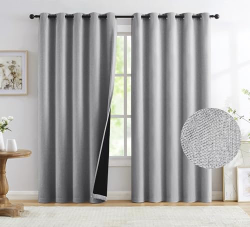 Treatmentex Grey Full Blackout Window Curtain Panels 54 inches Long Burlap Linen Textured, Short Thermal Insulated Burlap Linen Bedroom Drapes Thermal Insulated Winter Curtains 60x54x2, Gray