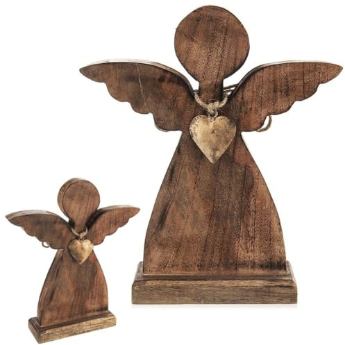 orion group Engelfigur Engel Figur Dekofigur Holzdeko aus Holz mit | goldfarbenem Herz 27x30 cm