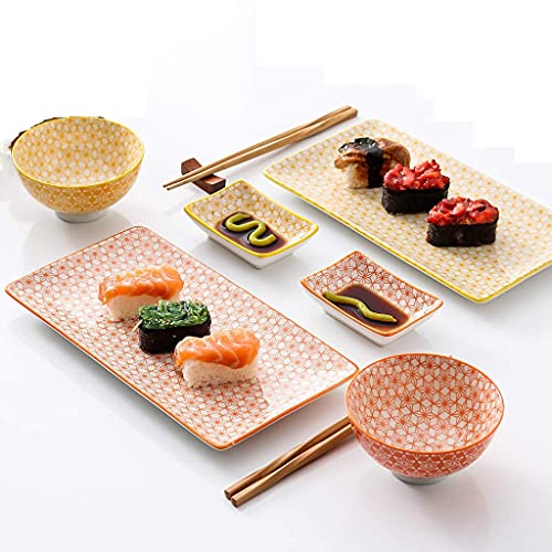 Reotto Set di sushi in porcellana in stile giapponese con 2 piatti per sushi, una ciotola, piatti per salse, 2 paia di bacchette, confezione regalo