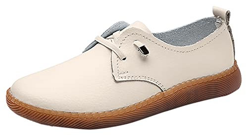 Schuhe Damen Flache Schuhe für Damen Runde Zehe Frauen Weiche Sohlen Kleine Weiße Schuhe Slip On Schuhe Lässige Kleine Lederschuhe Kunstleder Damen Freizeitschuhe (Beige, 39)
