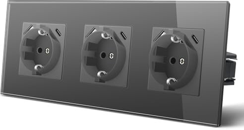 MVAVA Steckdose mit USB C (Max. 5 V 2,1 A) 3 in 1 Unterputz Steckdose, 3 Fach Glas Schuko Steckdosen, Einfache Installation, 3-Draht Erforderlich Grau