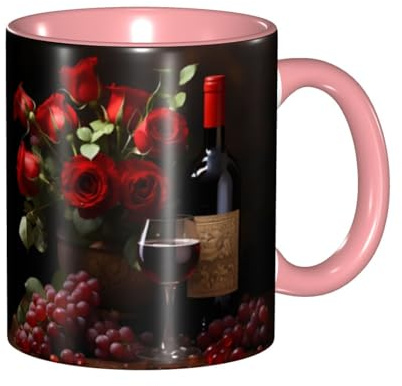 BROLEO Pink Classic Mugs Ceramic Mug Suitable for Cappuccino, Latte, Cereal, Yogurt, Milk, hot or Cold Drinks Micro-Wave Oven Wine and Red Roses Picture