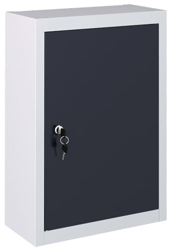 Makastle Metall Hängeschrank, 1 abschließbare Tür, 1 verstellbaren Fachböden, Werkstattschrank, zur Wandmontage, Werkzeugschrank, Stahlschrank, Grau und Schwarz 40 x 19 x 60 cm
