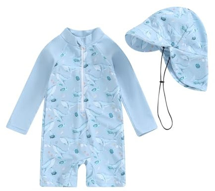 Dazzerake Maillot Unie Pièce avec Chapeau Bébé Garçon Maillots de Bain Eté Imprimé Manches Longues Combinaison de Maillot pour Bébé Garçon 0 Mois-3 Ans (Bleu, 6_months-12_Months)