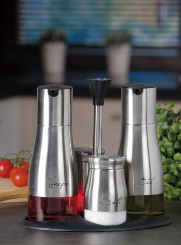 Menage in vetro e acciaio olio, aceto, sale e pepe - cm. 21,5 x 16 x h. cm. 21