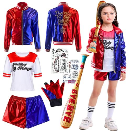 AJDSK Quinn Cosplay Kostüme Kinder: Mädchen Bösewicht Clown Kostüm Kit enthalten Jacke, T-Shirt, Shorts, Aufblasbare Baseballschläger, Tattoo-Aufkleber und Handschuh für Halloween Karneval (L,140)