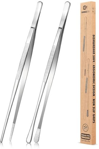 2 Pcs 12-Inch Kitchen Tweezers Fine Tweezer Tongs, Stainless Steel Professional Long Cooking Tweezers for BBQ, Sea Food, Repairing and Serving (Silver)