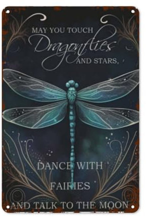 Targa decorativa da parete in metallo vintage, stile hippie e bohémien, con disegni giocosi, perfetta per garage, bagno, bar, motivo libellula, stella e fata, 20,3 x 30,5 cm, idea regalo divertente