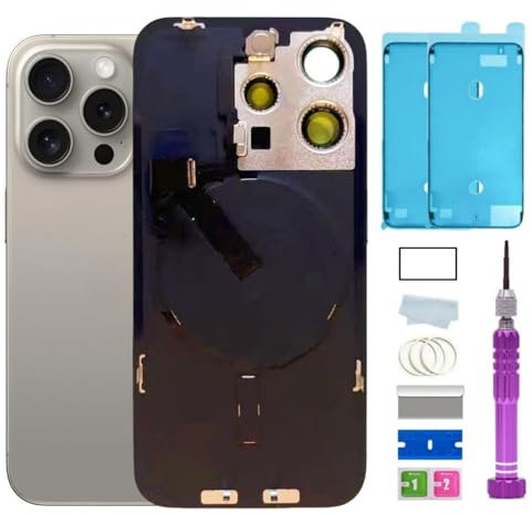 15 Pro Back Glass Replacement with Plate & Flex Cable and All Parts for iPhone 15pro Back Cover Glass (Natural Titanium, 6.1 Inch) + Waterproof Tape + Repair Tools (Natural Titanium)