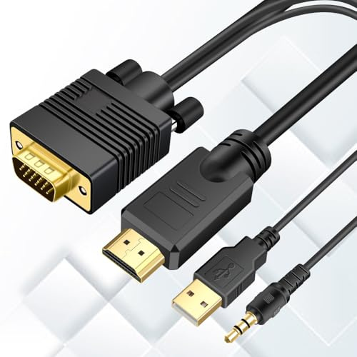 Kirzi Câble VGA (Sources) vers HDMI (Display) de 4,6 m avec audio, câble adaptateur VGA vers HDMI compatible avec ordinateur/projecteur/ordinateur portable vers moniteur/TV.