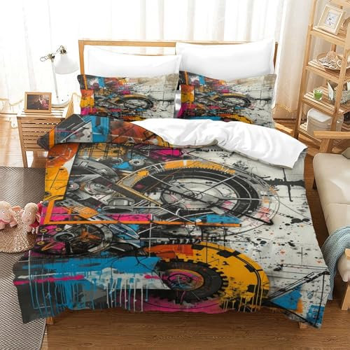 UFAZEHDNS Graffiti Bettbezug Set Bettwäsche Set Kinderbettwäsche Reißverschluss Mit Kissenbezug Betten Set Für Jugendliche Kinder Schlafzimmer Single（140x200cm）
