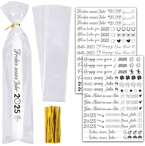BOOMTOP Kerzen Tattoo Silvester 2025 2Blatt Kerzen Tattoos Aufkleber Frohes Neues Jahr Rub On Sticker Neujahr mit 50x Kerzentüten Candle Bags Silvester Kerzensticker für Stabkerzen Tasse Schwarz