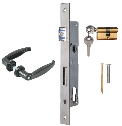 ATTAS Serrure à larder avec cylindre profilé et paire de poignées - Kit complet pour portail battant - Distance au canon : 25 mm - Convient pour portes de jardin, portails - Fonction interchangeable -
