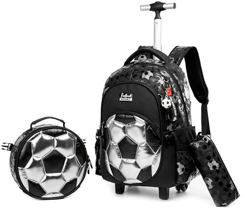 Meetbelify Mochila rodante con ruedas para niños, mochila con ruedas, con fiambrera, estuche para lápices para estudiantes de primaria, equipaje de fútbol, maleta de viaje para niños de 6 a 8 años,