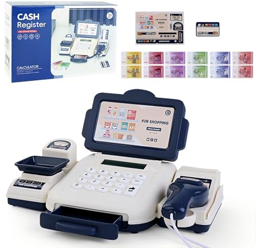 PLUSHCEWT Toy Cash Register for Kids, Toy Till with Scanner Calculator Weigh Pop-up Drawer and Pretend Money Set Educational Shopping Till Role Play Toy for Toddlers Boys and Girls Ages 3-5 (blue)