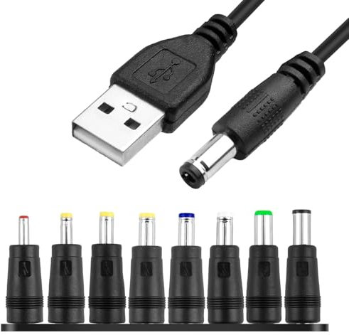 USB to DC 5V Cable 1M Universal USB to DC Power Chager Cord 5.5 X 2.1mm Plug Adapter with 8 Interchageable DC Connectors 5V Fast Charging Cable DC Adapter Compatible for Laptops Router Keyboard Toys