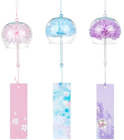 BENECREAT Japanische Windspiele in 3 Farben, rosa, lila, Blaue Blumen-Windglocken, handgefertigte Glasanhänger als Hochzeitsfestgeschenk, Gartenfenster, Außen- oder Innendekoration