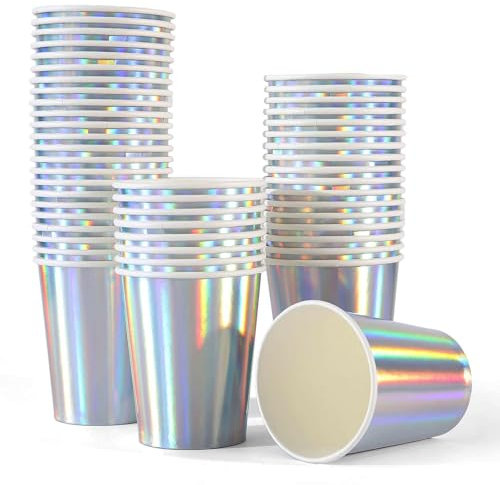 Bcuuozeeing 50 Stück Bunte Pappbecher 250ml Party Becher für Heiße und Kalte Getränke Kaffee Tee Saft Getränke Silber Regenbogen Becher für Geburtstag, Hochzeit, Jahrestag, Picknick