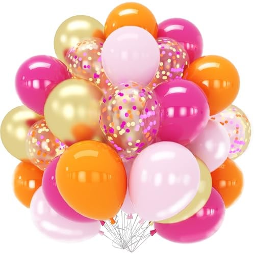 Ballons Rose Orange, 60 Pièces Ballons Anniversaire Orange Fushia Fille avec Latex Hélium Ballon Métallique Or Confettis, Rose Ballons pour Anniversaire Mariage Bapteme Baby Shower Décoration de Fête
