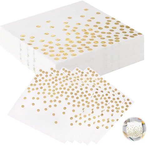 40Pcs Gold Napkins, Party White and Gold Cocktail Serviettes White Polka Dot Serviettes 33x33cm Dots Paper for Birthday Wedding Baby Shower Party Bar Anniversary