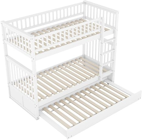 Massivholz Etagenbett mit ausziehbarem Zusatzbett und stabiler Treppe,hohes Sicherheitsgeländer,teilbar in Einzelbetten,robuste Holzlattenroste,multifunktionales Schlafzimmermöbel (Weiß,90x200cm)