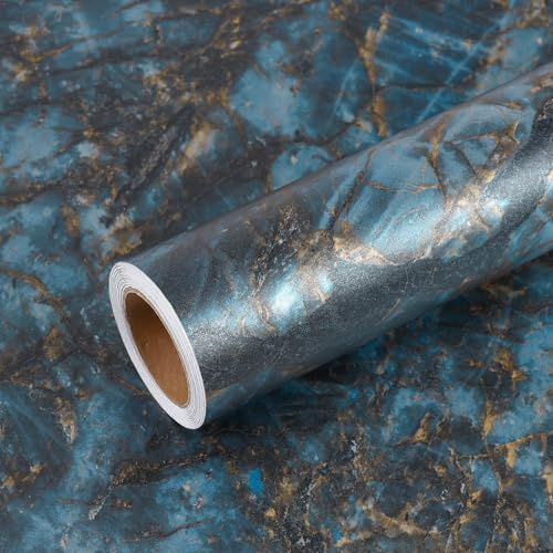 VEELIKE Blue Gold Marble Wallpaper Self Adhesive Matt Marble Vinyl Wrap for Kitchen Worktop Covering Bathroom Counter Top Vinyl Covering Table Washable Sticky Back Plastic Removable 40 cm x 300 cm