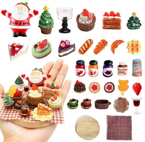 Wichtel Zubehör Weihnachten, 28 Stück Puppenhaus Zubehör, Weihnachtswichtel Miniatur Set mit Mini Weihnachtsmann, Weihnachtsbaum, Holzplatte, Miniatur Lebensmittel für Puppenhaus Weihnachten